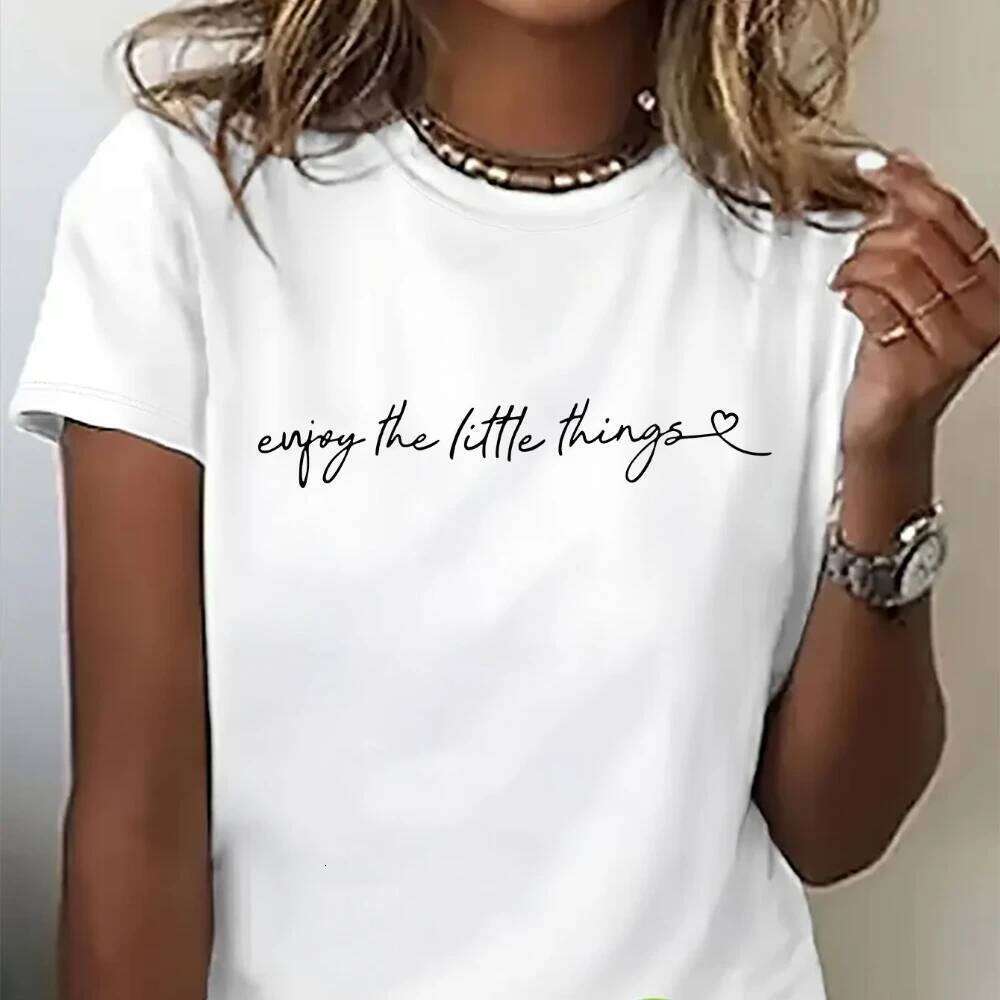 Women's Casual Short Sleeve T-Shirt "Enjoy the Little Things" Print - Black with White Cursive Lettering Ladies T Shirts Z260314