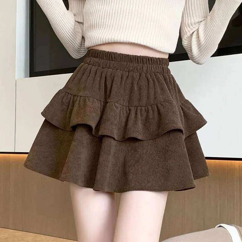 Fanan High Waist Puffy Ruffles A-line Ladies 2024 Autumn New All-match Corduroy Pleated Skirts Y2K Vintage Cake Mini Skirt Z260314