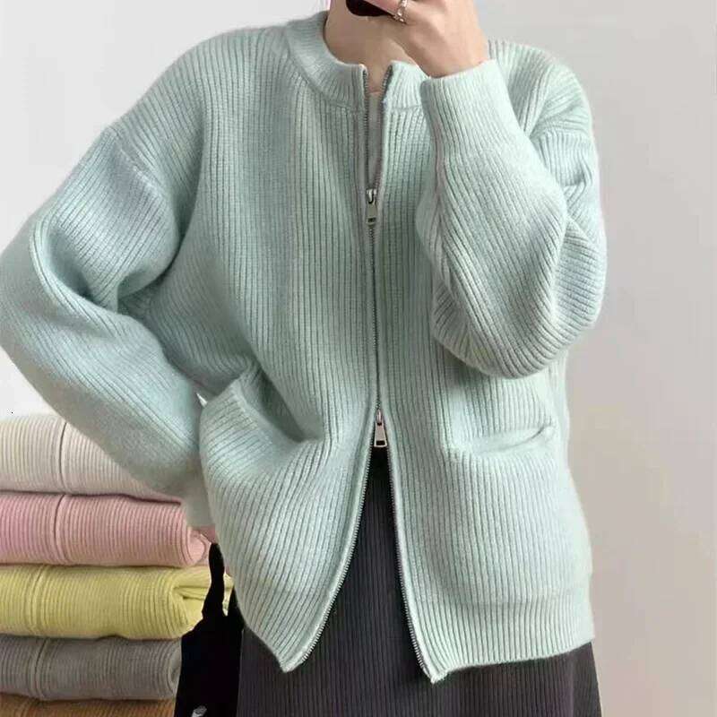 Women's Sweater Jacket Autumn Winter Retro Solid Color Double Zipper Knitted Cardigan Loose O Neck Oversized Sweaters for Women Z260313