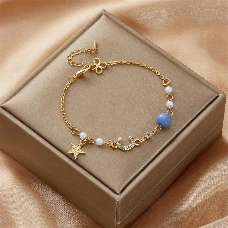 Simple Star Moon Zircon Pearl For Women Ladies Cute Elegant Exquisite Shiny Link Chain Bracelet Charm Jewelry Z260313