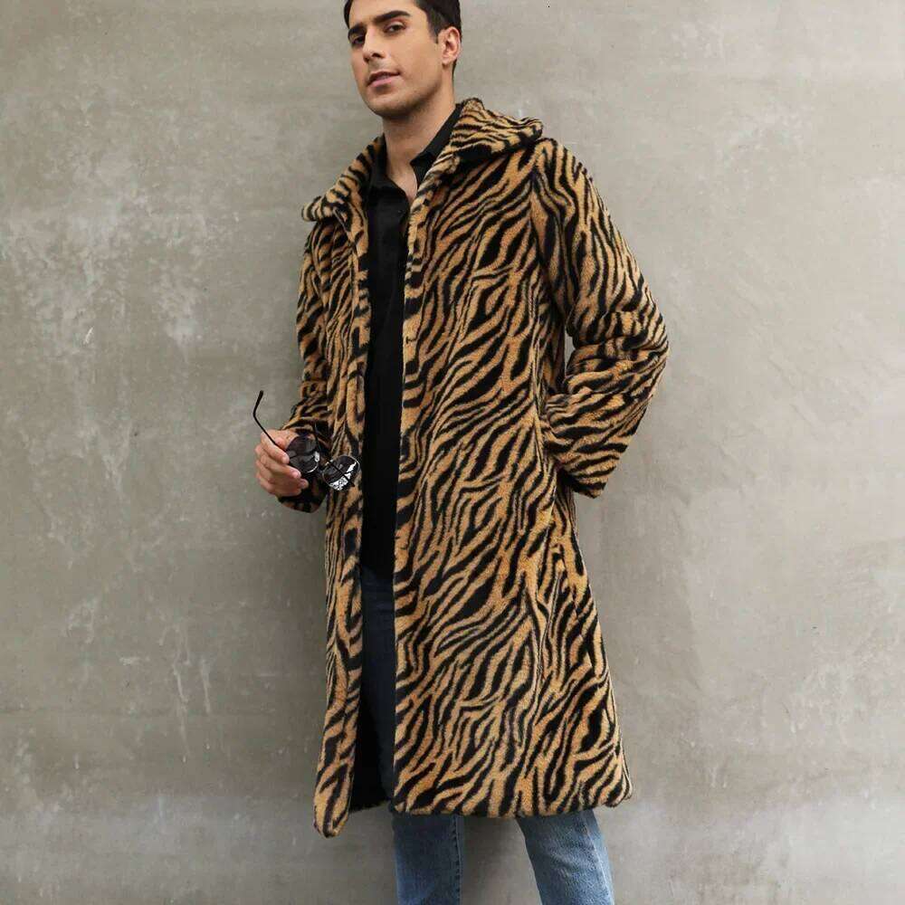 Men Faux Fox Coat Winter Zebra-stripe Thick Fluffy Warm Shaggy Outerwear Luxury Fur Long Jacket Bontjas Jackets Mens Z260313