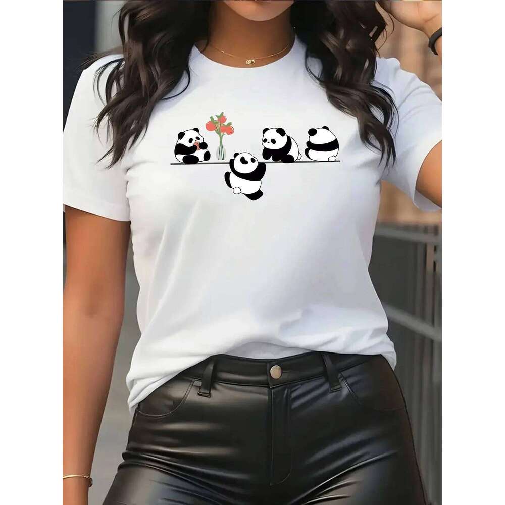 With Adorable Design Sleeve Multiple Colors Available Festive Apparel Women's Cute Panda Graphic Casual Round Neck Z260314