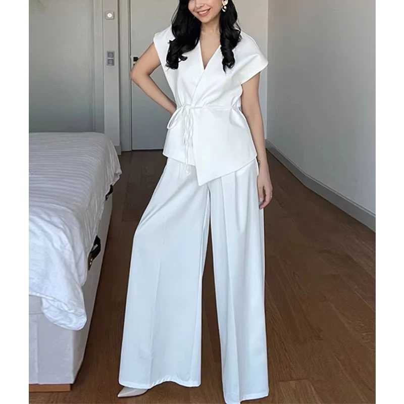 MUJER 2025 Wide Leg Pants Sets for Women 2 Pieces Sleeveless Vest Top Woman Pleated Casual Trousers Sets Two Piece Outfits Woman M260313