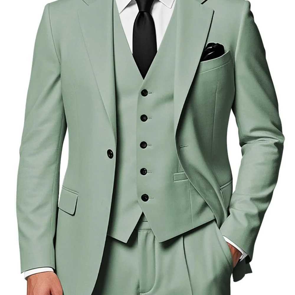 Mens Monochromatic Slim Fit 3-Button Peak Lapel Smoking Jacket Vest Formal Business Suit Set for Wedding Terno M260313