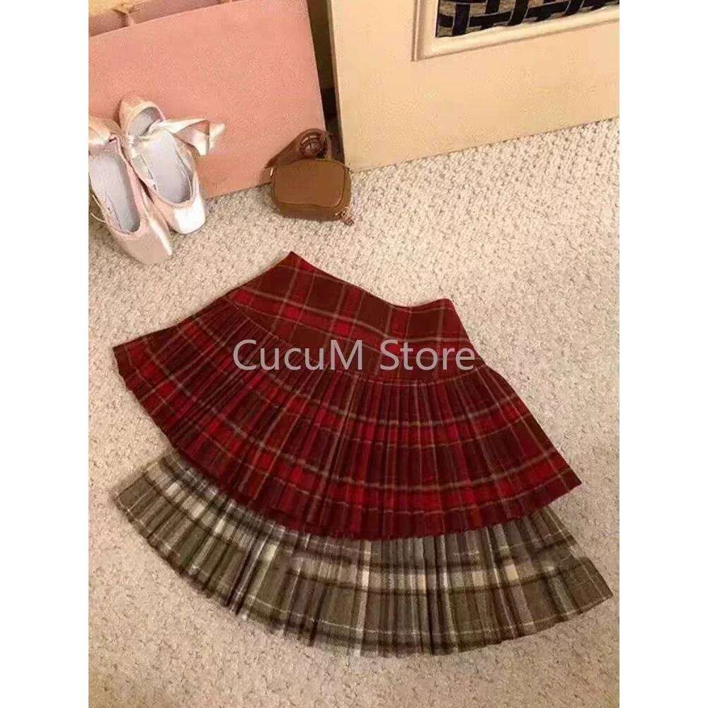 Japanese Retro Spicy Girl Plaid Pleated Autumn Winter College Style Woolen Mini High Waiste Sweet Kawaii Skirt Z260314