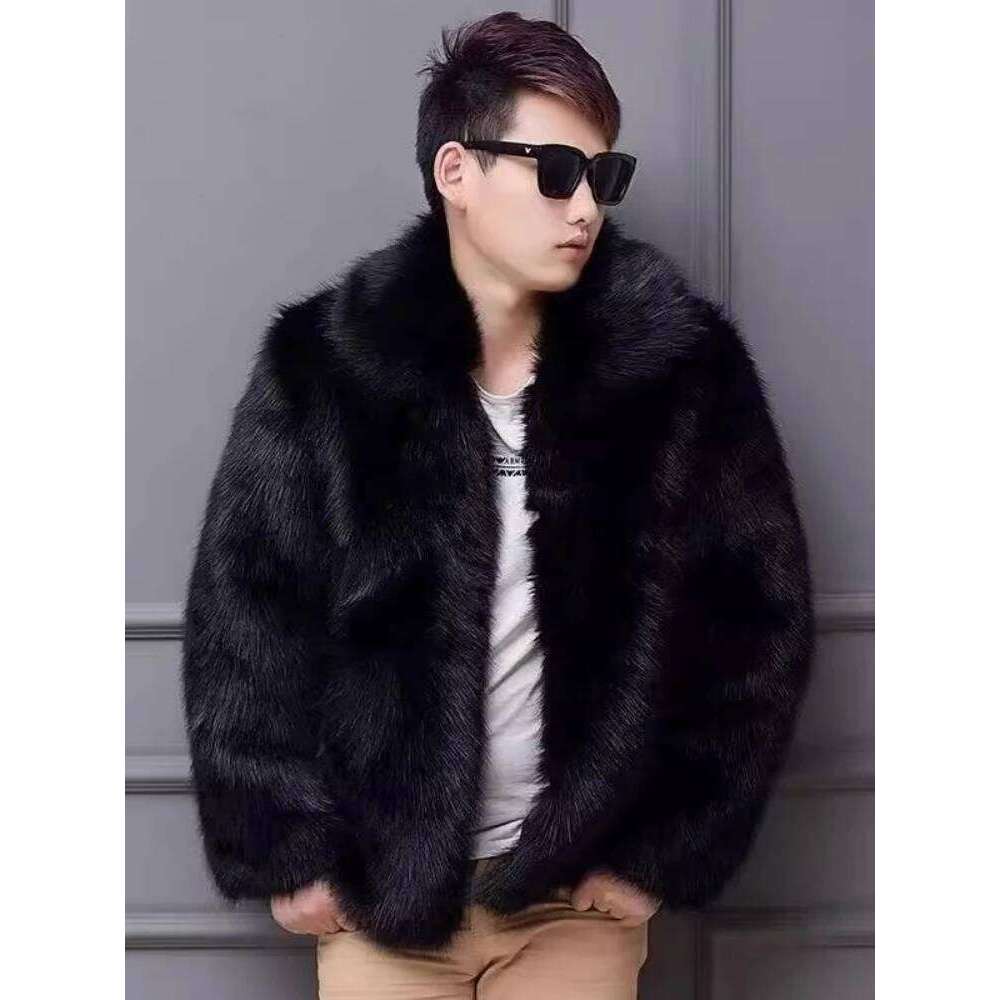 Men's Thickened Fox Jacket Plush Warm Faux Mink Solid Black Fur Coat Trendy Cold-Resistant Winter Outerwear Z260313