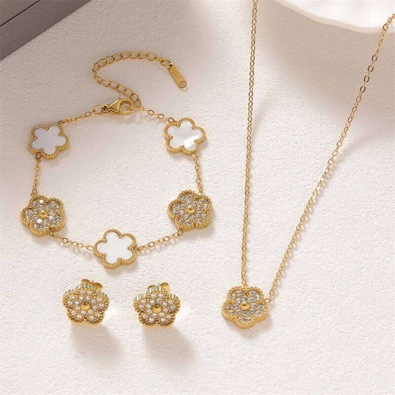 316L Stainless Steel 2025 New Fashion Fine Jewelry Set Zircon 5- Flowers Charm Chain Necklaces s Earrings For Women H260312