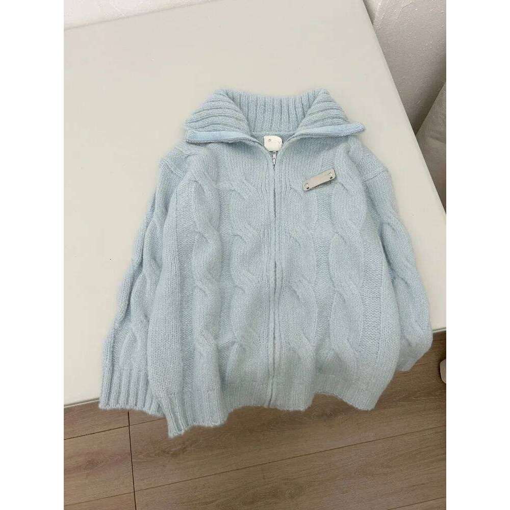 Women American Retro Blue Knitted Sweater Autumn Winter Casual Solid Y2k Cardigan Coat Ladies Sweet Fashion Outwear Tops New Z260313