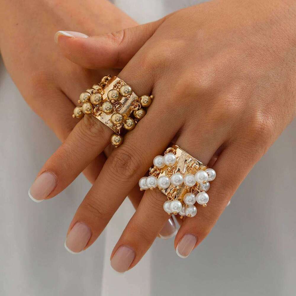 Salircon Trendy Imitation Pearl Stone CCB Small Ball Women's Man 2024 Vintage Street Punk Hip Hop Ring Female Jewelry H260312