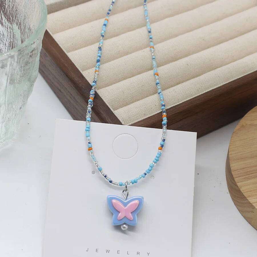 Dopamine Colorful Beaded Butterfly Summer Necklace Collarbone Choker Korean Jewelry Gift H260312