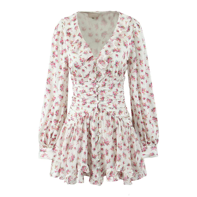 Boho Floral Print Ruffle Mini Dress Women Front Button Long Sleeve V Neck Spring Dresses Holiday Robe Short Vestidos 260313