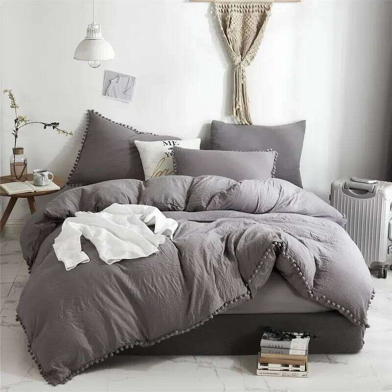 Solid Color Soft Washed Duvet Cover 3 Pieces Pillowcase Bedding Set for Twin Full Queen King Size Cute Pom-pom Decoration H260312 - view 4