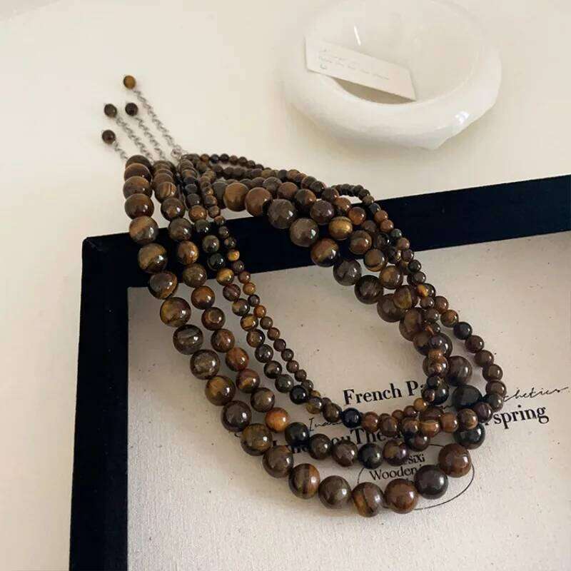 Minar Vintage 4 6 8 10mm Natural Stone Tigereye Strand Beaded Necklace for Women Femme Silver Plated Chokers Sweater Chain H260312