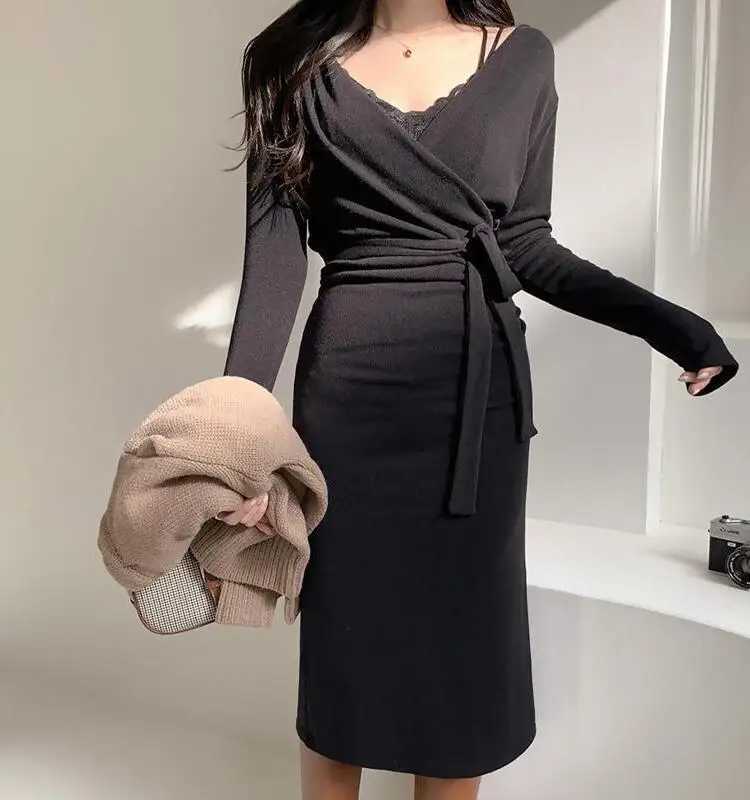 Korean Sle V-Ne Long Sve Wrap Dr Slimming A-Line Midi Dr for Women Autumn Winter Pure Color Commute SleT260314