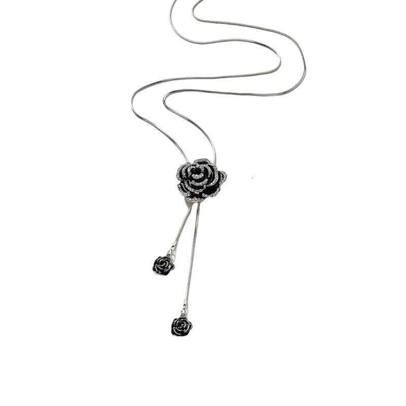 Fashion Black Rose Flower Long Necklace Sweater Chain Metal Crystal Pendant Necklaces Adjusted H260312