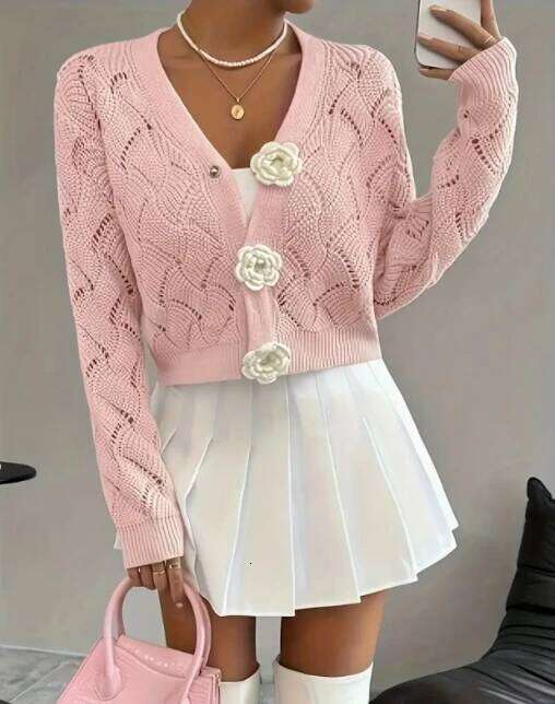 Ladies Elegant Casual Knitted Cardigan Sweater Long Sleeve Warm Top for Autumn Winter Versatile Travel Outfit Z260313