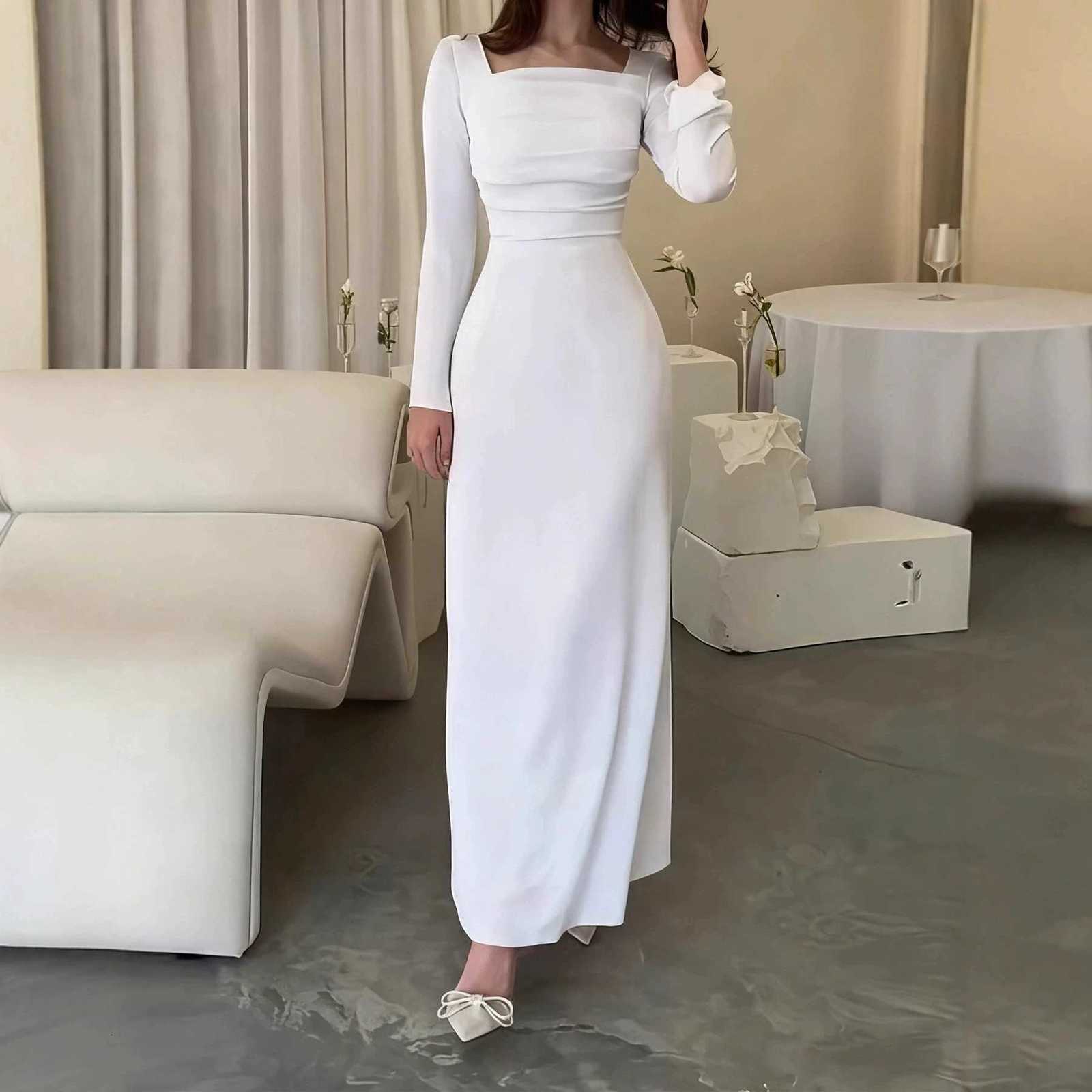 Square collar long sleeved new dress high waist solid color fashionable dress pleated slim fit high waist casual long dressT260314