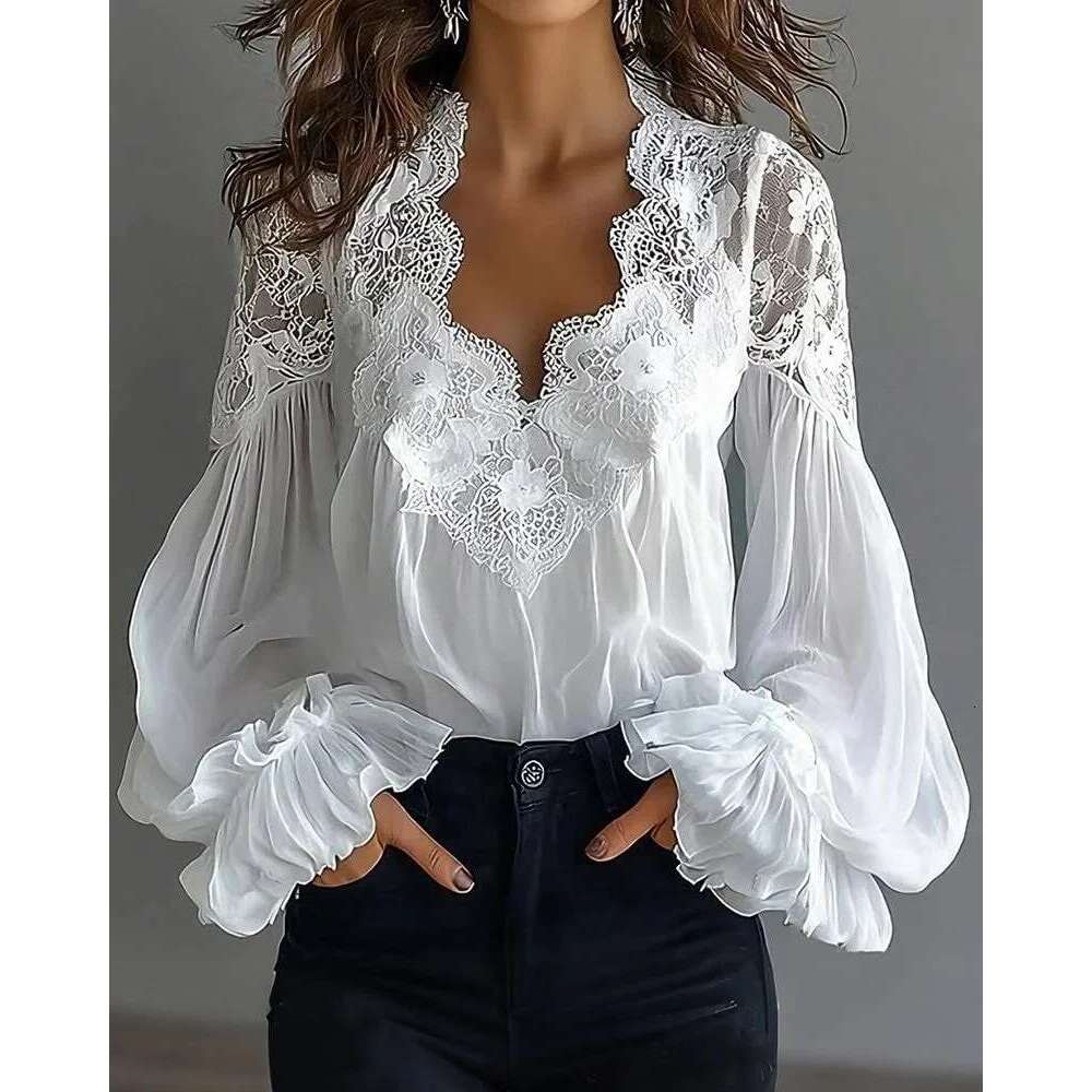 Women's Blouse Solid Color Elegant Sexy V-neck Lace Splicing Lantern Sleeve Solid Blouse Office Commuter Chic Shirt For Female shirt thin women