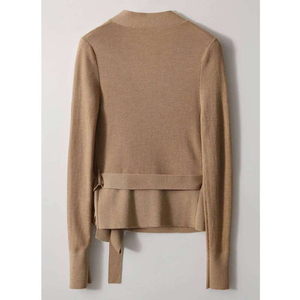 Long Sleeve Women Fashion Bow Tie Waist Short Lady V Neck Wrap Knitted Tops Sweaters Z260313