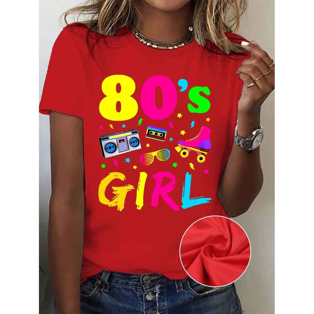 Sleeve Polyester Spandex Blend Crew Neck Medium Stretch Graphic Shirt Girl Retro Radio and Roller Skates Print T-Shirt Casual Z260314
