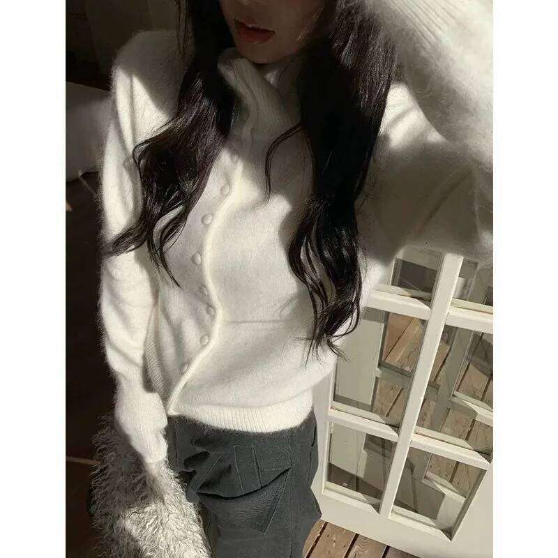 Deeptown White Basic Turtleneck Women Knitted Cardigan Pink Old Money Style Yellow Korean Fashion Sweaters Slim Casual Winter Z260313