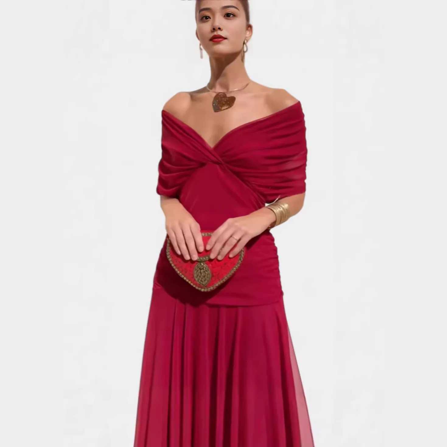 Spring Summer New Style Printed V-neck Mesh Off-shoulder Dress Womens Party Beach Vacation Formal Casual Versatile Evening DressT260314