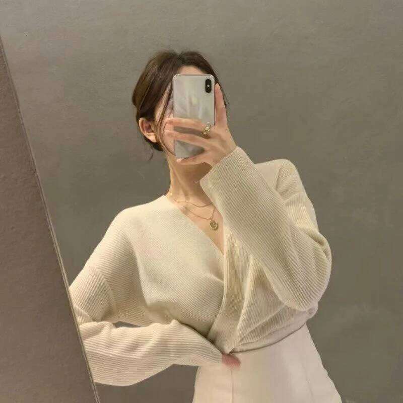 Chic V Neck Knitted Sweaters Women Irregular Cross Long Sleeve Office Lady Pullovers Fall Winter Korean Slim Fit Casual New Tops Z260314