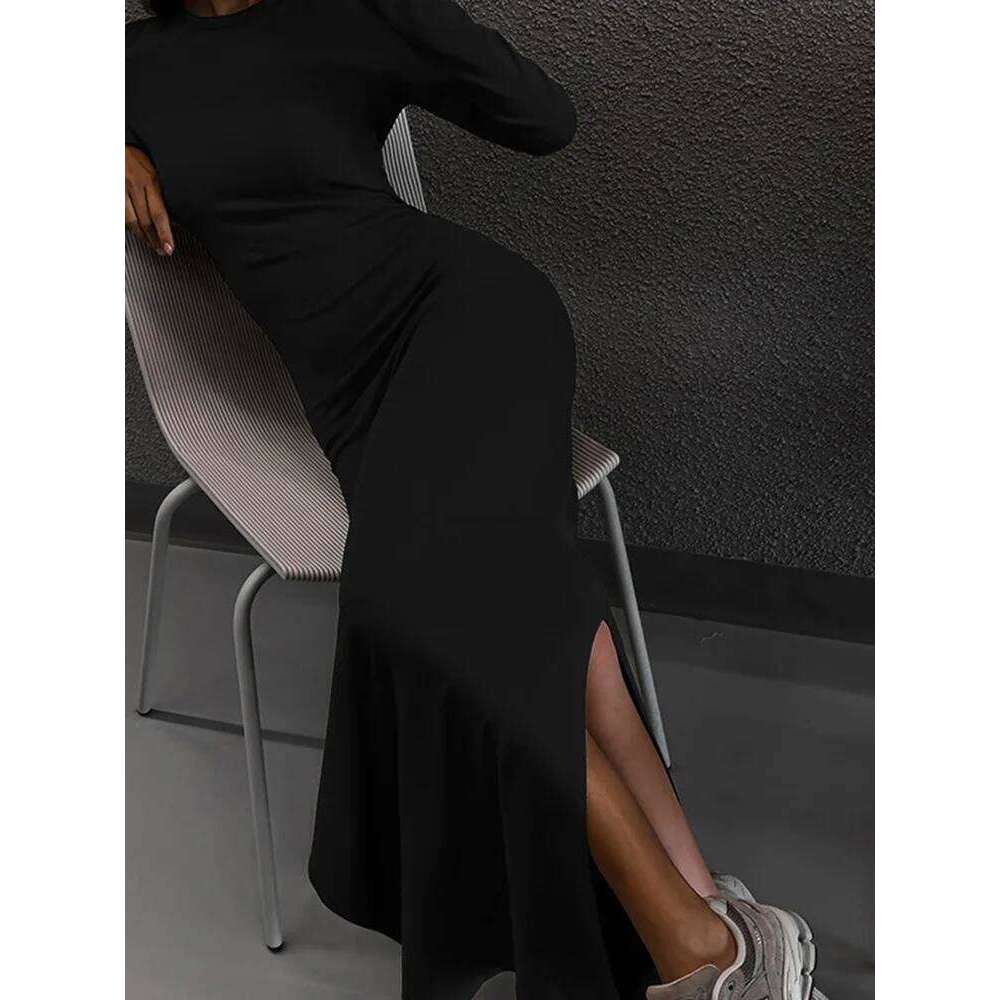 Party Dresses For Women Fashion Sexy Solid Full Sleeves O-Neck Split Bodycon Sheath Long Vestidos Robes Female Elegant Regular Z260313