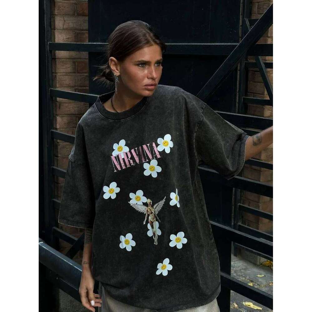 Sumuyoo Women's Retro Printed T-shirt Cotton Men Vintage Short-sleeve Wax Printing T Shirts Fashion Hip Hop Loose Fflower Tees Z260314