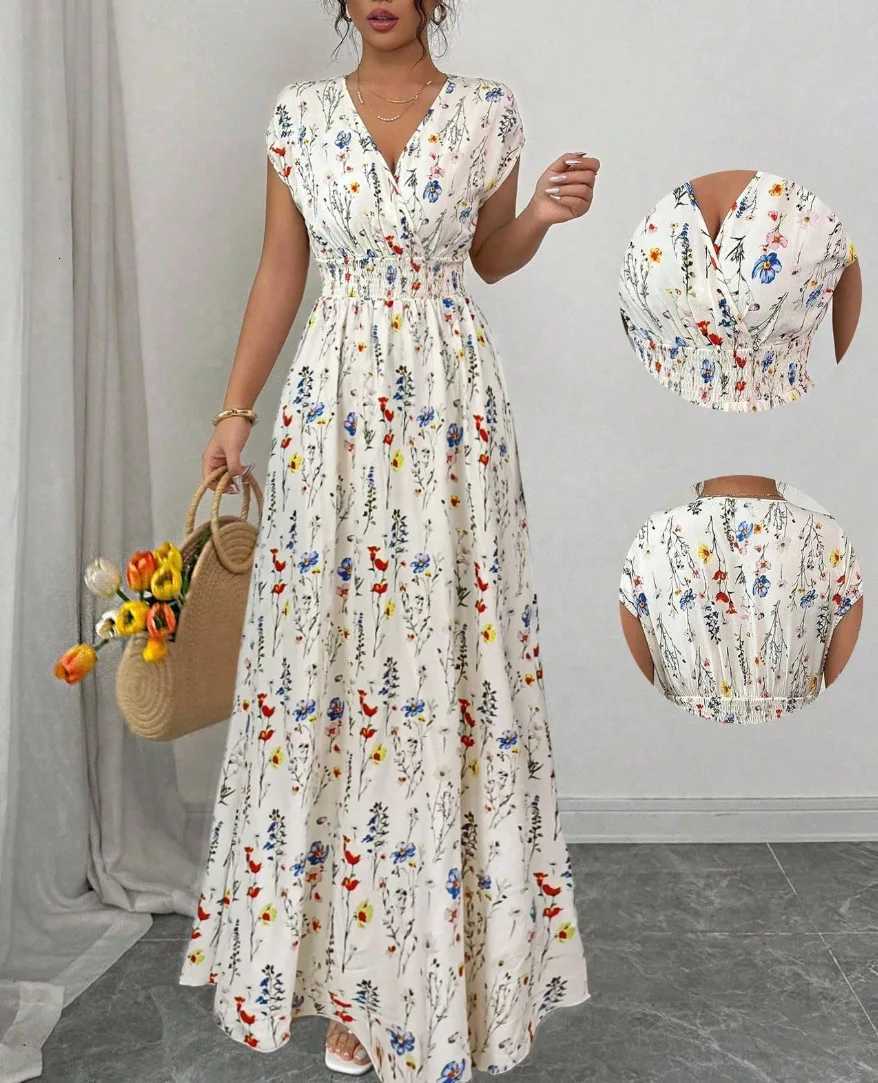 Summer Womens V-neck Dress Short-sleeved High-waisted Plant Print Simple Fashion Holiday Casual Long Dress for FemaleT260314