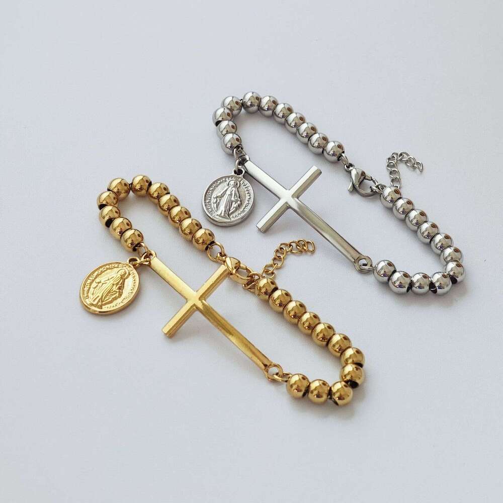 Women Jewelry Bracelets Charm Bracelets Unisex Stainless Steel Rosary Bead Bracelet Two-Sided Totem Cross Pendant Fashion Women Bracelet