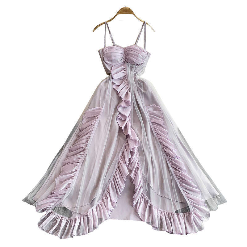Designer seaside vacation style dress, chest cushion, shoulder strap, slim fit, elegant mesh splicing, sexy ruffles