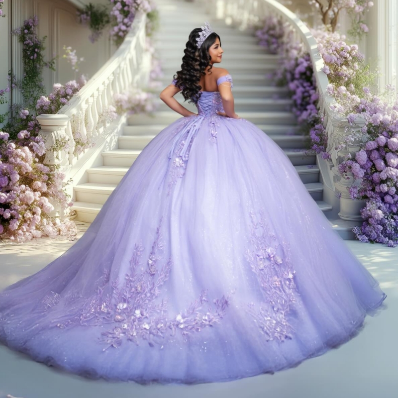 Lavender Shiny Ball Gown Quinceanera Dresses 2026 Applique Flower Beading Tull Off Shoulder Sweet 16 Dress Years Vestidos 15 De XV Anos