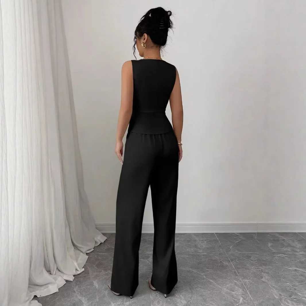 2025 European and American Summer New Solid Color V-neck Sleeveless Slim-fitting Vest High-waisted Trousers Two Pieces M260313