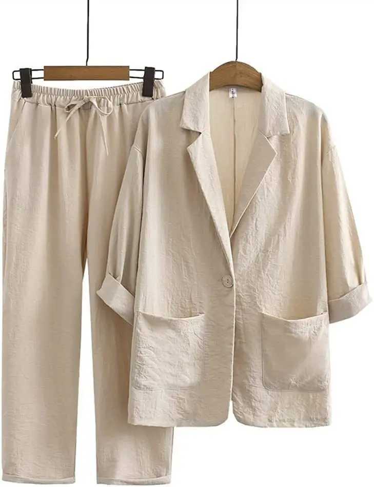 Womens cotton and linen 2-piece suit jacket trousers Spring and autumn loose fashion casual cotton and linen suit top set M260313