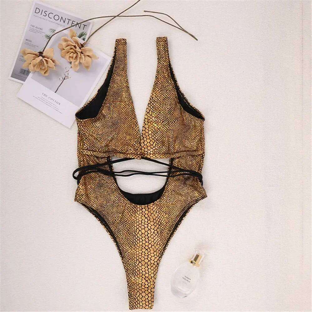 Sexy Gold Snake Print Shiny Swimwear Cut Out Monokini One Piece Swimsuits Women 2025 String Cross Bathing Swimming Suit Bodysuit Y260303