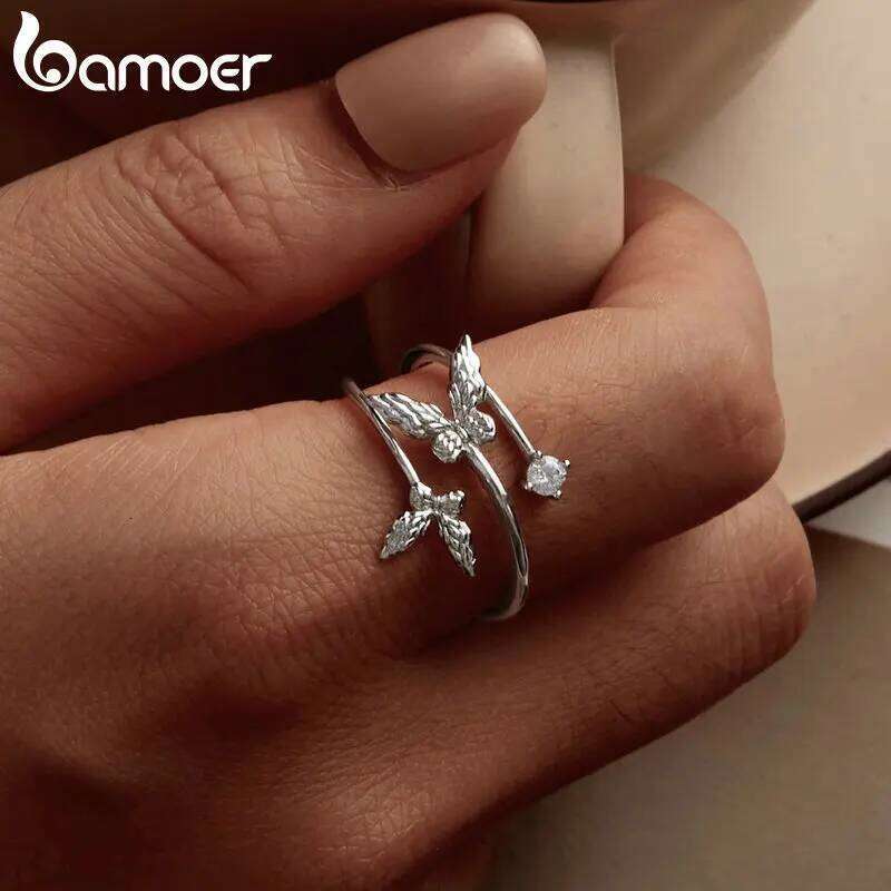BAMOER Solid 925 Sterling Silver Butterfly Adjustable Open Ring Anniversary Birthday Jewelry Gifts for Women Girls H260312