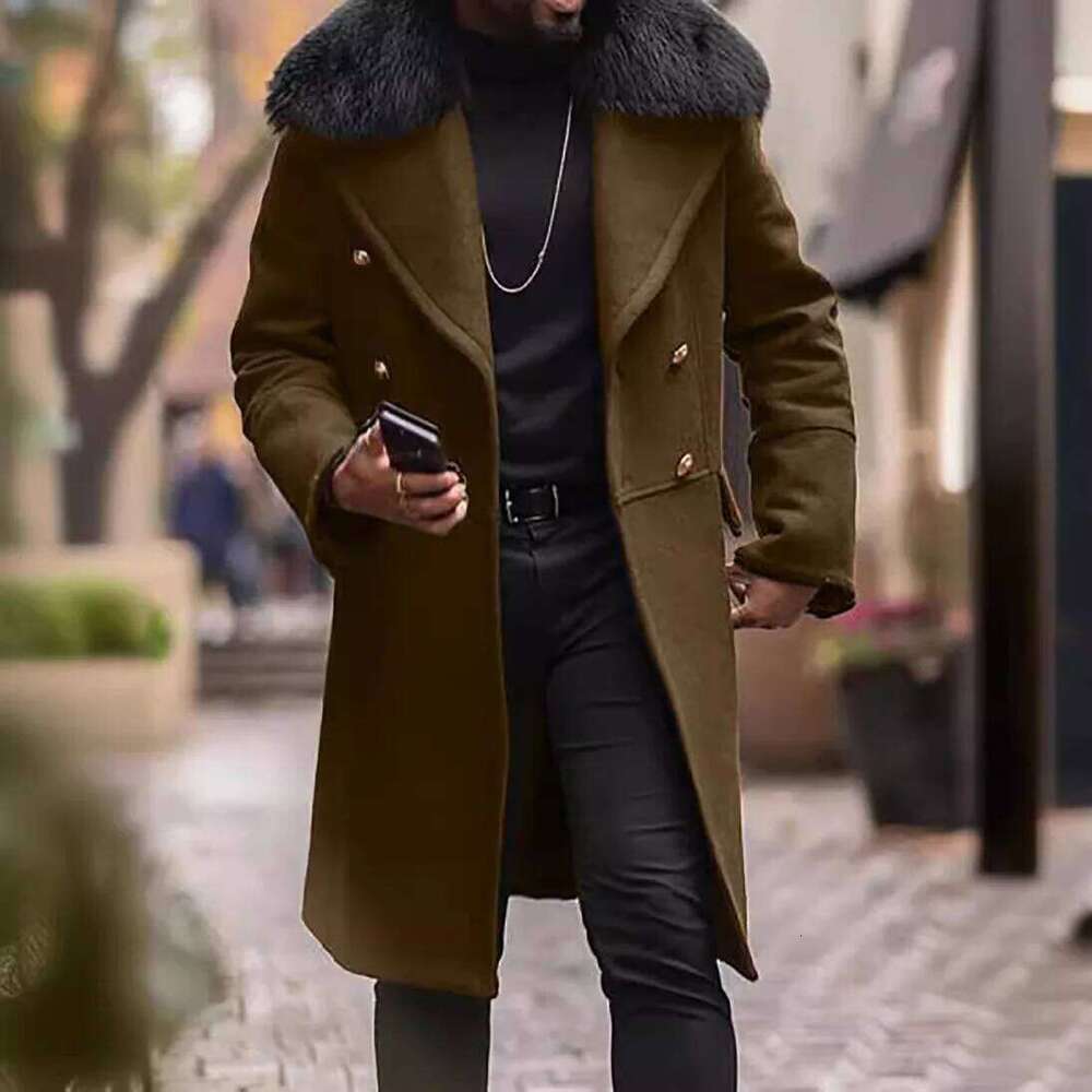 2025 Winter Men Coat Streetwear Fur Collar Long Sleeve Male Trench Jacket Mid Length Double-breasted Windproof Man Outerwear Z260313