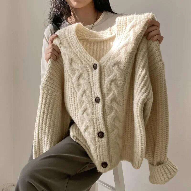 Fashion Winter Warm Long Sleeve Women V-nek Loose Cardigan Sweater Autumn Elegant Solid Color Casual Knitted Top Z260314