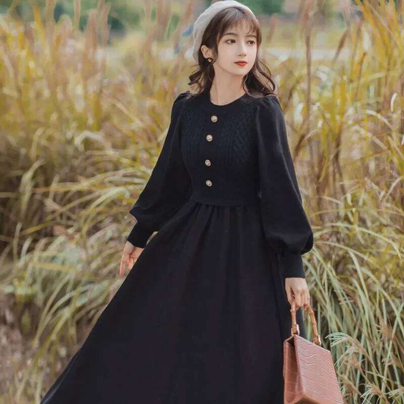 Women NewCasual O-Neck Dresses Autumn Ladies Long Styles Sweater Female Lantern Sleeve Fake Two Pieces Knitted Dress Z260314