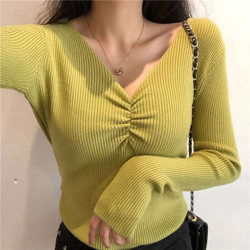 Women Sexy V Neck Sweater Autumn Knitted Pullover Jumper Chic Soft Slim Long Sleeve Female Basic Top New Winter Z260314
