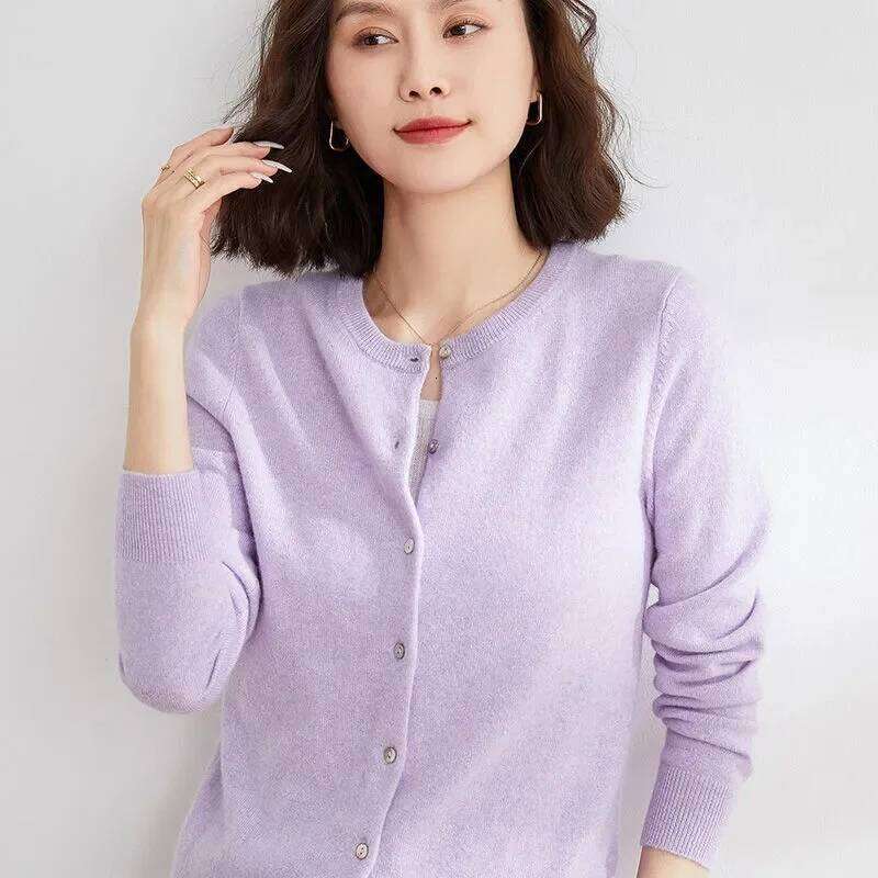 Knitted Cardigan Button Jacket 2024 Autumn Winter O-neck Long Sleeve Casual Short Tops for Women Sweater Grey White Z260313