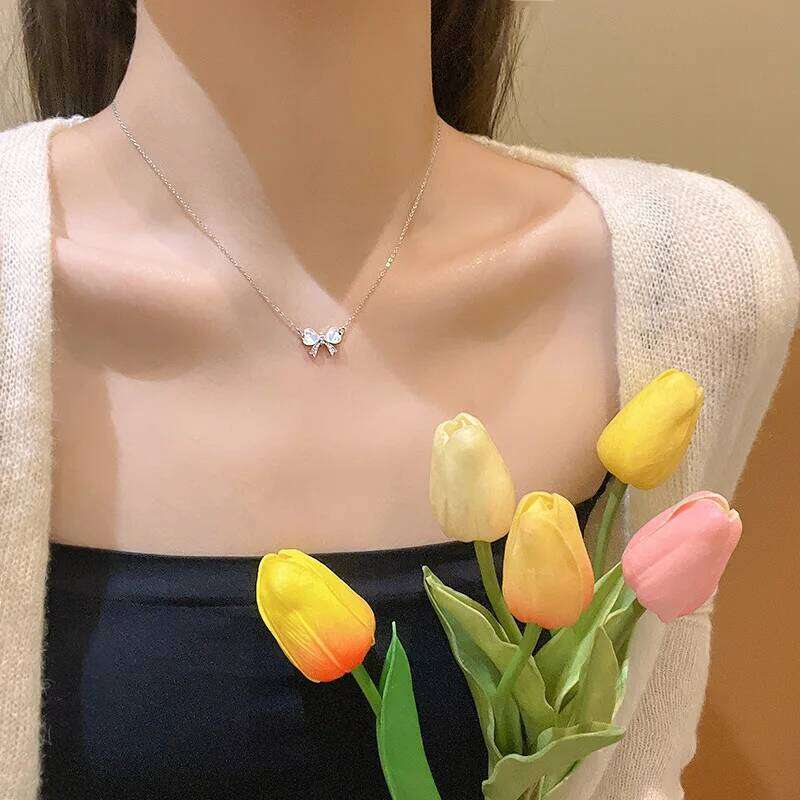 Light Luxurious Opal Bow Necklace Women's Ins Fashionable Versatile Temperament Small And Fresh Titanium Steel Chain H260312
