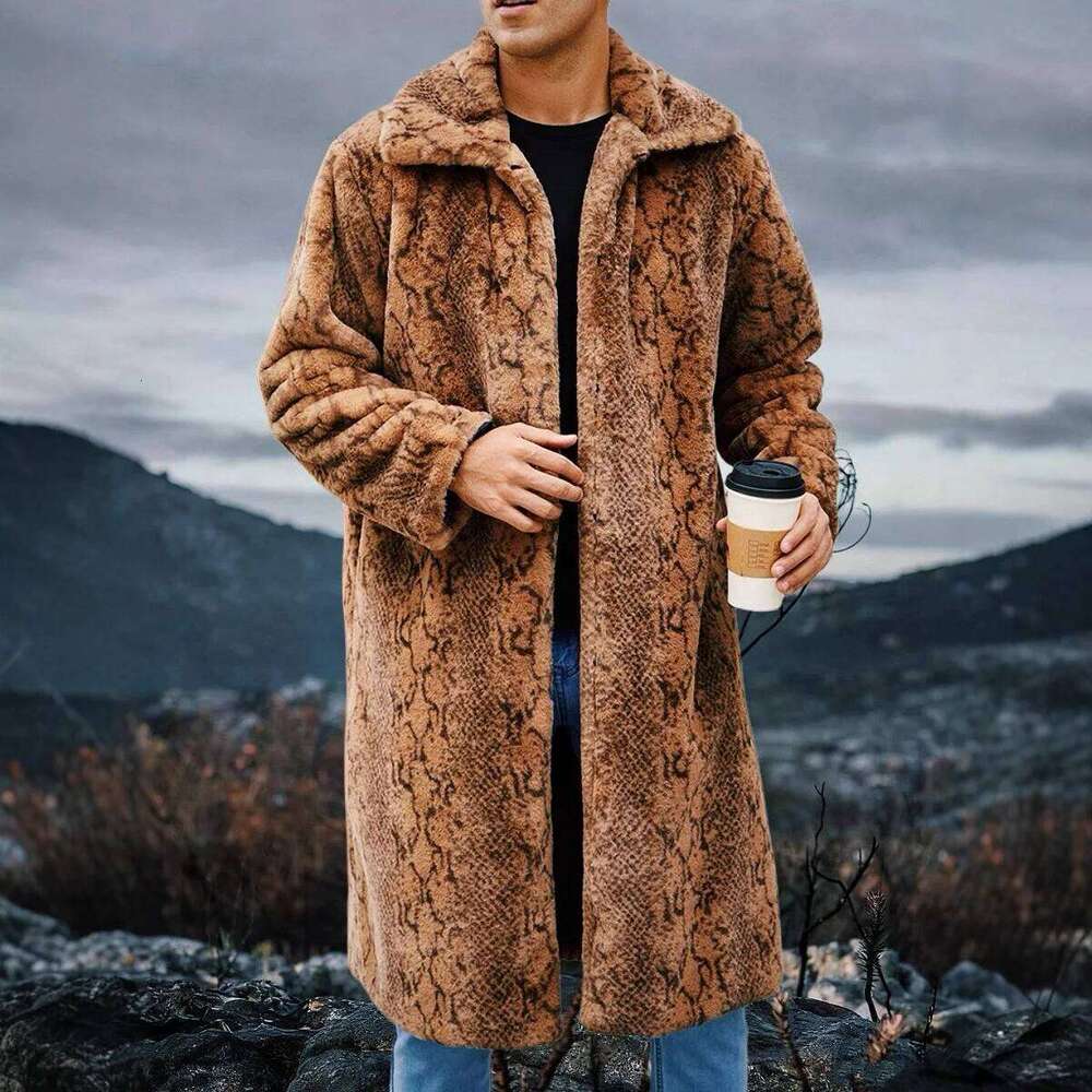 Men Faux Coats Leopard Fur Jackets Mid Length Long Sleeve Turn Down Collar Open Stitch Thick Loose Casual 2025 Autumn Winter Z260313