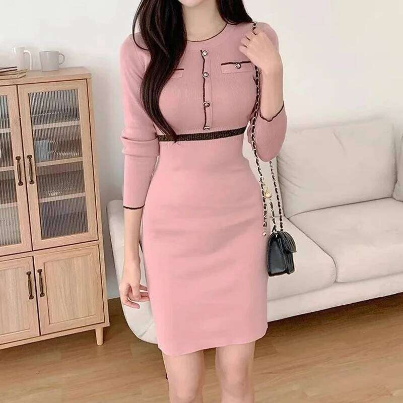 YuooMuoo Chic Fashion Sexy Package Hips Knitted 2025 Autumn Winter Slim Waist Bodycon Sweater Dress Office Lady Vestidos Z260313