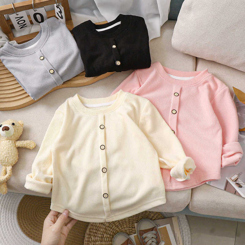 T-shirts Girls' Sweet Long-Sleeve T-Shirt New Style Knitted Base Shirt Children's Ribbed Elastic Buttoned Warm Top