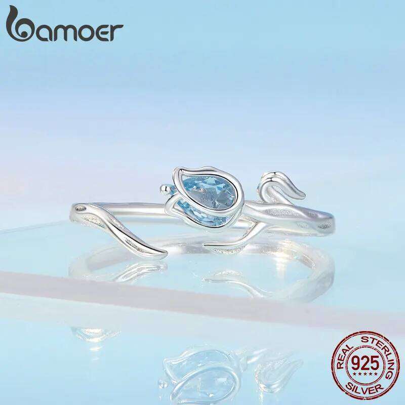 Bamoer 925 Sterling Silver Blue Tulip Opening Flower & Vine Adjustable Ring for Women Birthday Party Romantic Fine Jewelry H260312