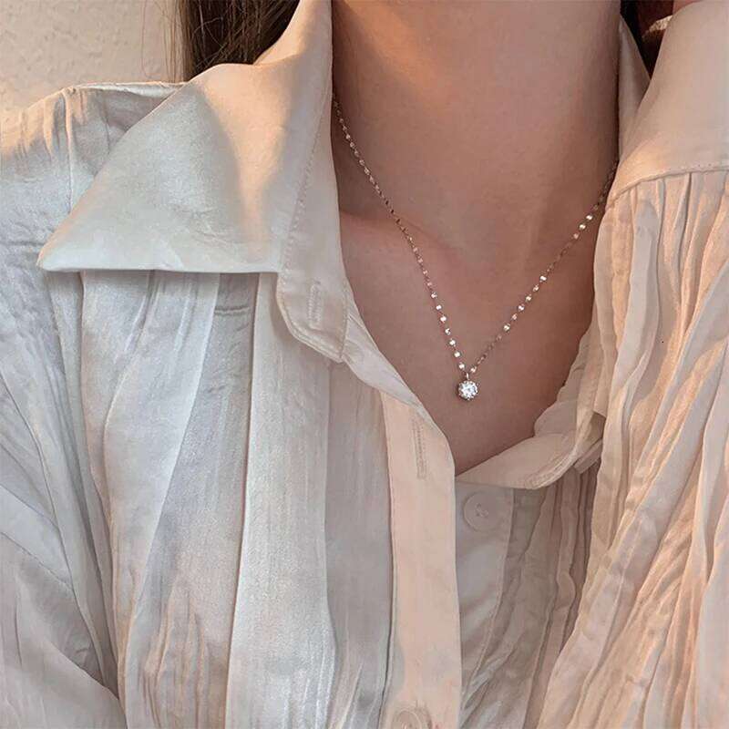 ANENJERY Silver Color Single Necklace for Women Six Claws Zircon Clavicle Chain Wedding Party Jewelry H260312