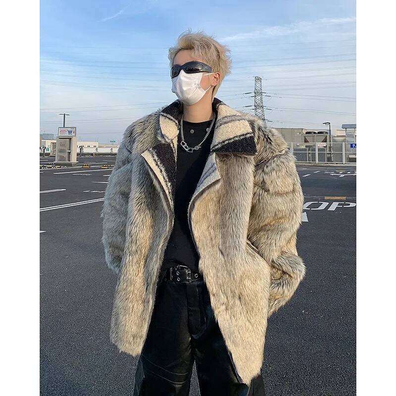 Reversible Striped Faux Fur Jacket,Fur Collar Padded Mans Coat, Y2k Winter Clothes Z260313