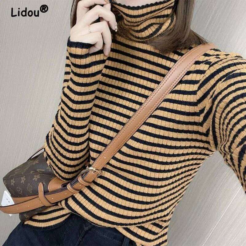 Autumn Winter Striped Turtleneck Knitted sweaters for women 2022 new long sleeve top Women sweater All-match bottoming shirt Z260314